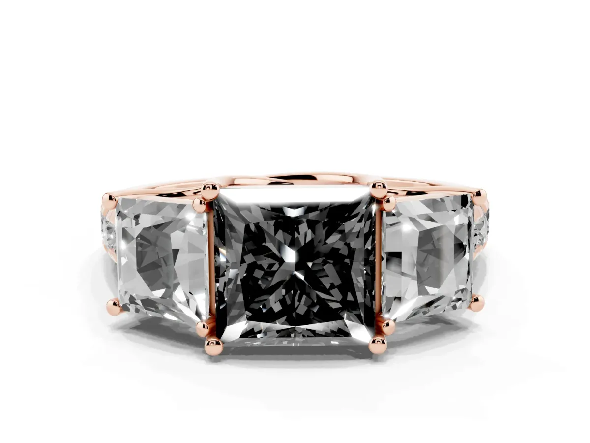 Fancy Black Three-Stone Princess Cut Diamond Pavé Band with Prong Setting Rose gold
