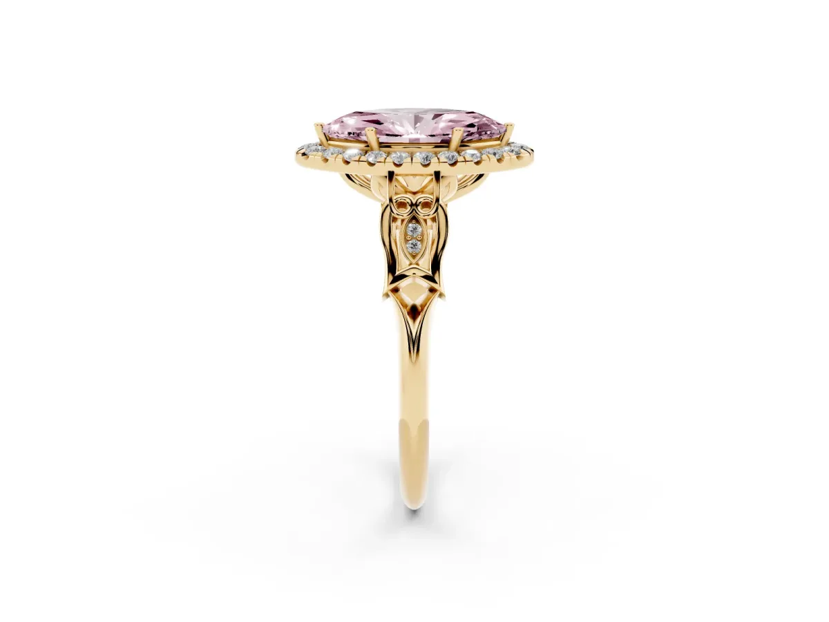 Fancy Pink Marquise Cut Halo Diamond Engagement Ring with Filigree Band and Four-Prong Setting Yellow gold