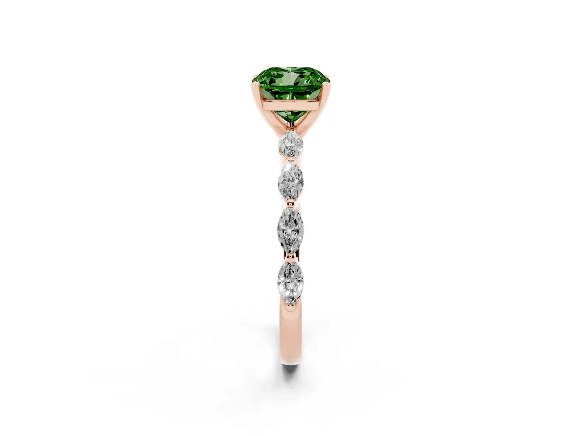 Fancy Green Cushion Cut Diamond Ring with Marquise Side Stones and Prong Setting Rose gold