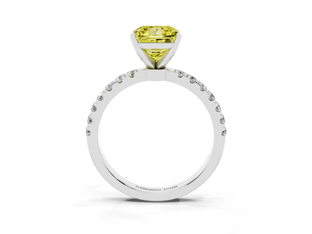 Fancy Yellow Princess Cut Diamond Solitaire Ring with Pavé Accents and Four-Prong Setting Platinum