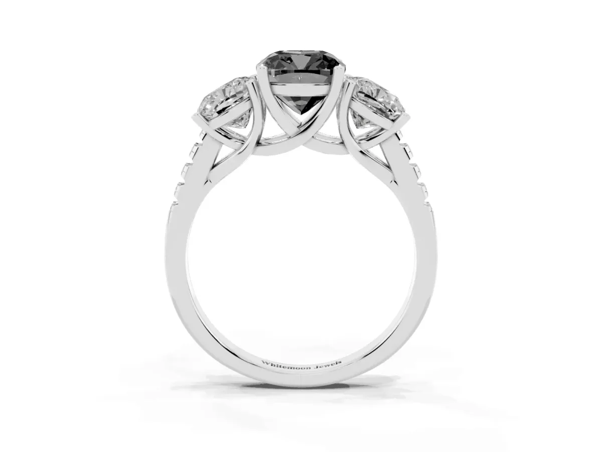 Fancy Black Three-Stone Cushion Cut Diamond Ring with Round Pavé Band and Prong Setting Silver