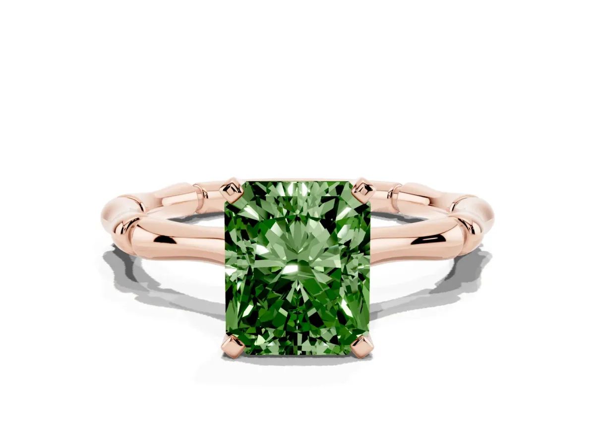 Fancy Green Radiant Cut Solitaire Diamond Ring with Bamboo Band and Four-Prong Setting Rose gold