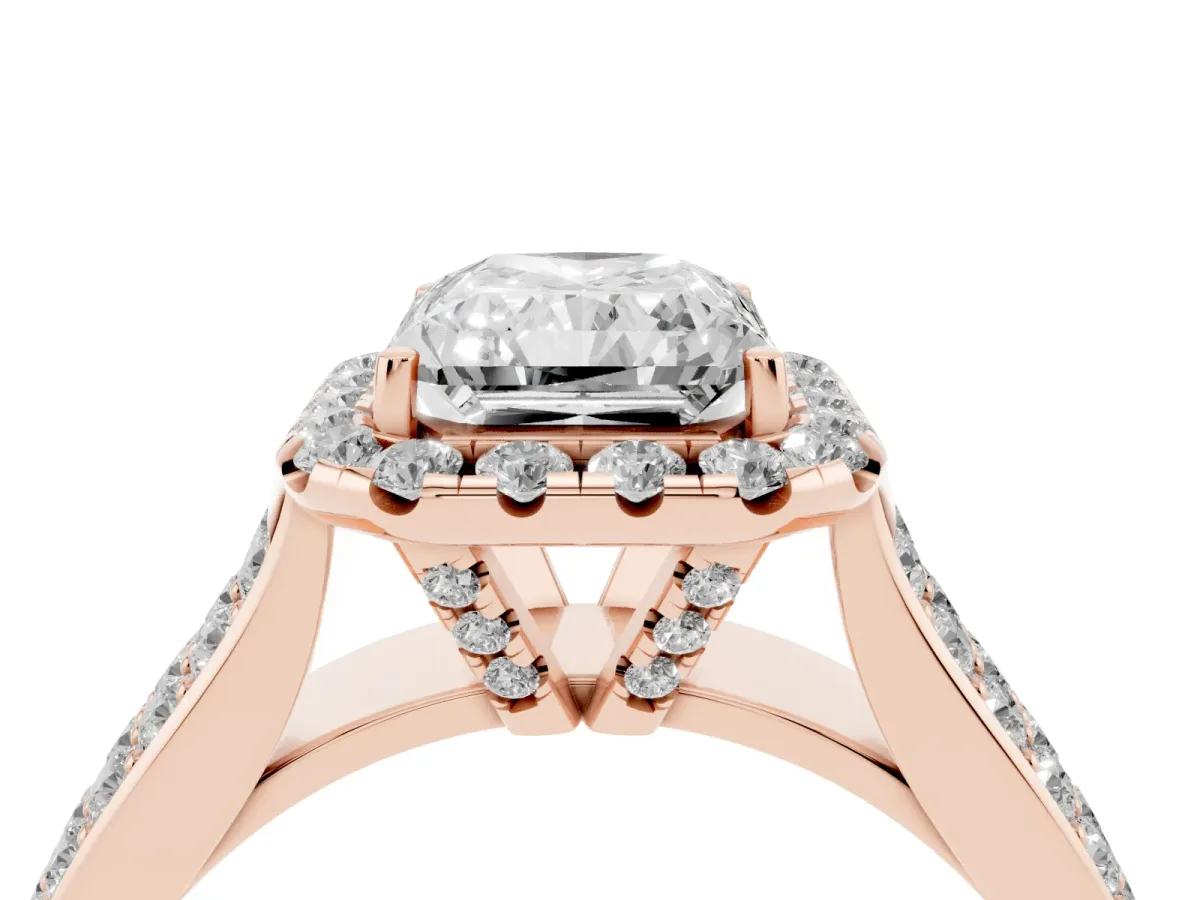 Radiant Cut Halo Round Diamond Pave Band with Prong Setting Rose gold