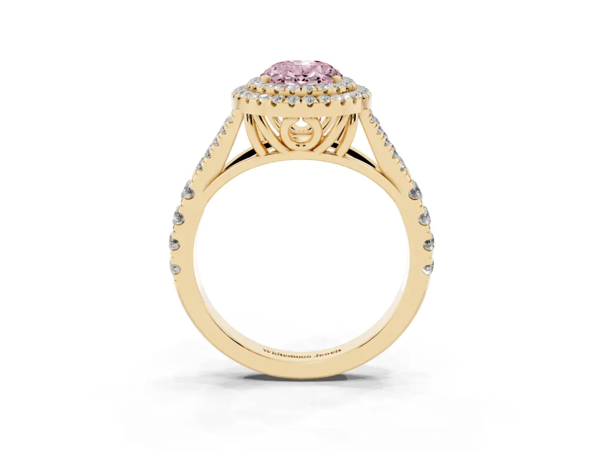 Fancy Pink Double Halo Oval Cut Diamond Split Shank Engagement Ring with Four-Prong Setting Yellow gold