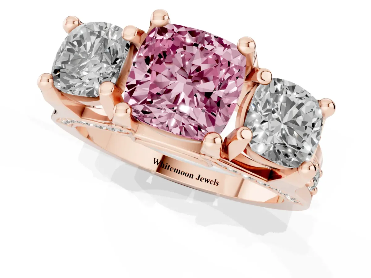 Fancy Pink Cushion Cut Diamond Three-Stone Ring with Channel Set Band and Four-Prong Setting Rose gold