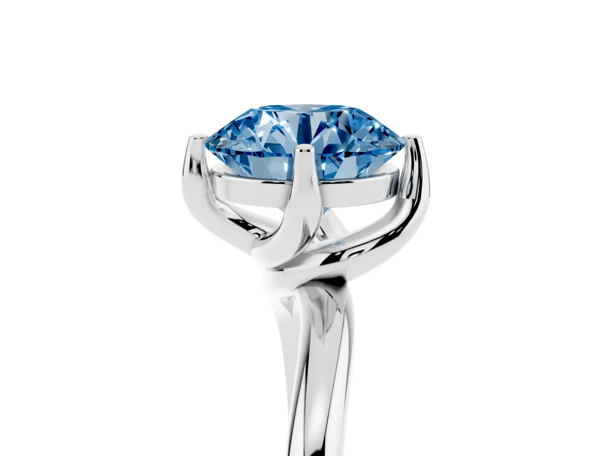 Fancy Blue Round Cut Diamond Solitaire Engagement Ring with Four-Prong Setting and Classic Band Silver