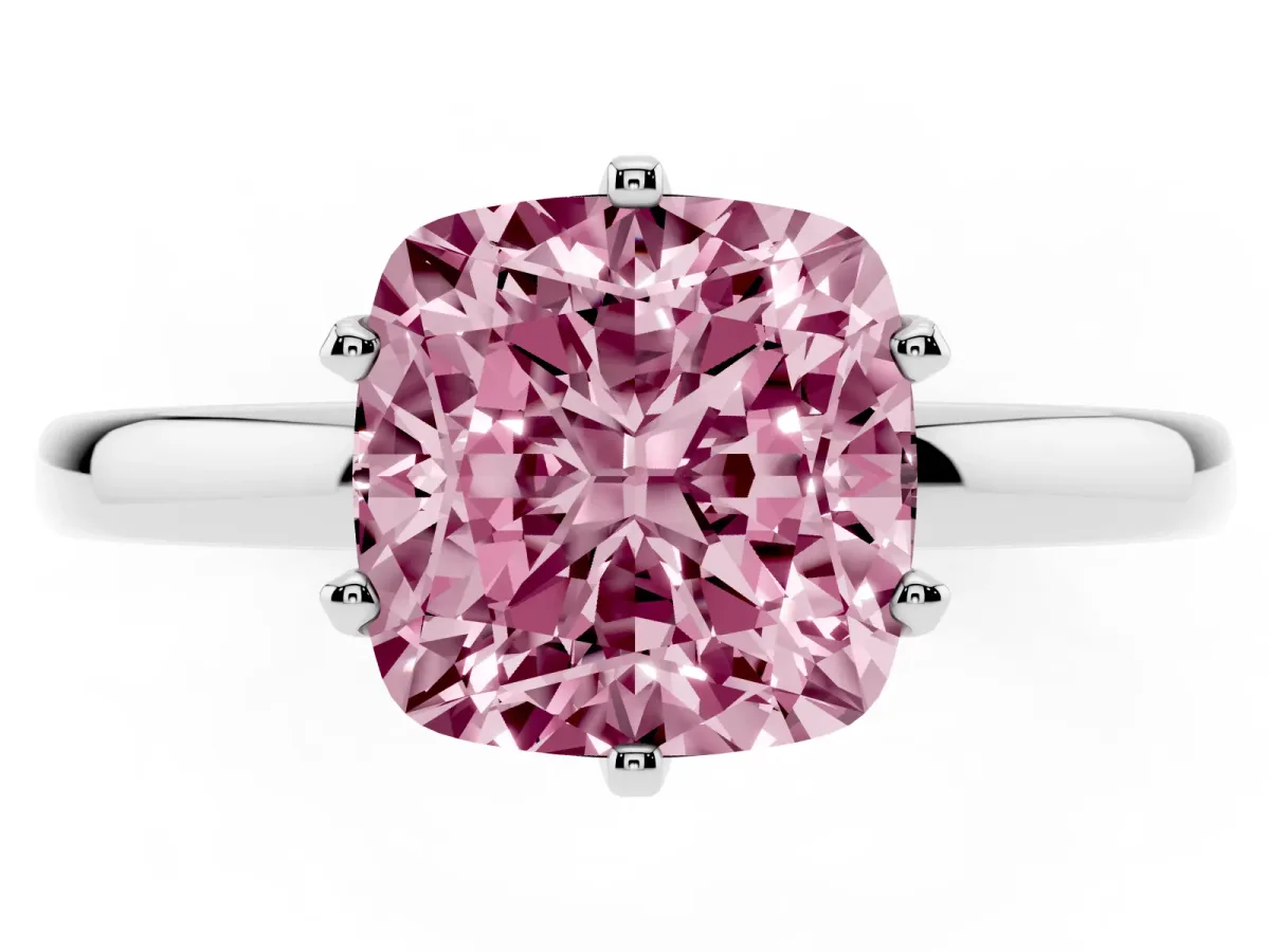 Fancy Pink Cushion Cut Solitaire Diamond Ring with Six-Prong Setting on a Classic Band Silver