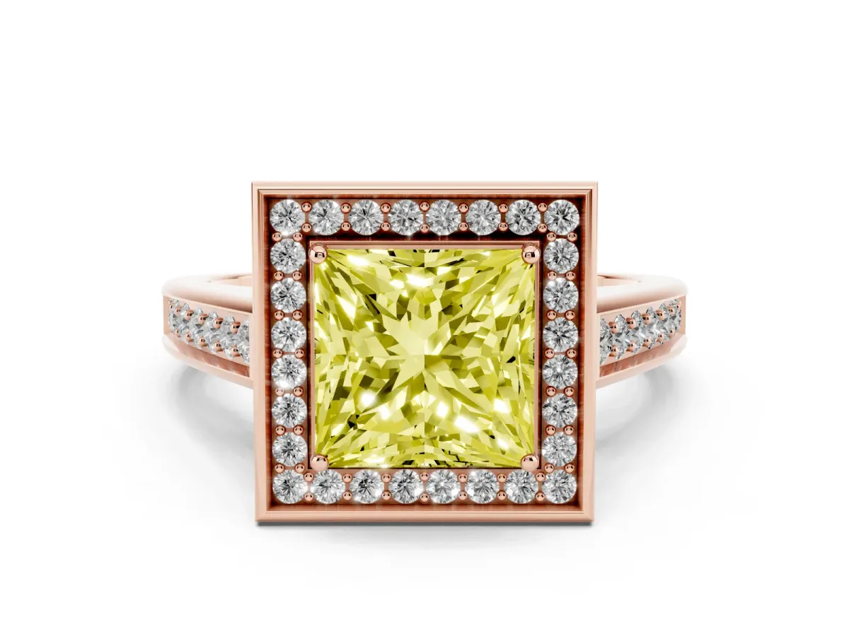 Fancy Yellow Princess Cut Halo Solitaire Diamond Ring with Pave Band and Bezel Setting Rose gold