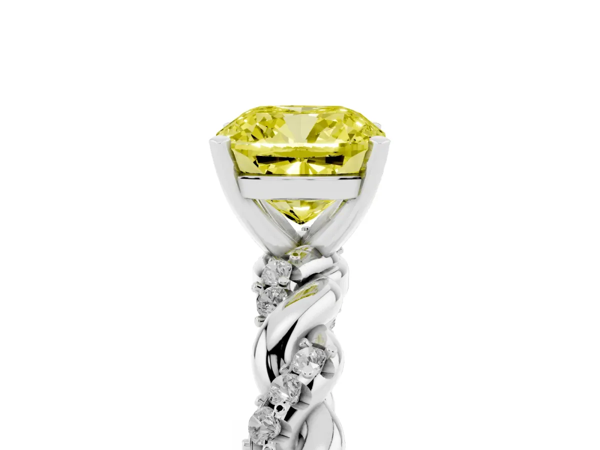 Fancy Yellow Cushion Cut Diamond Solitaire Ring with Twisted Band and Pavé Accents White gold