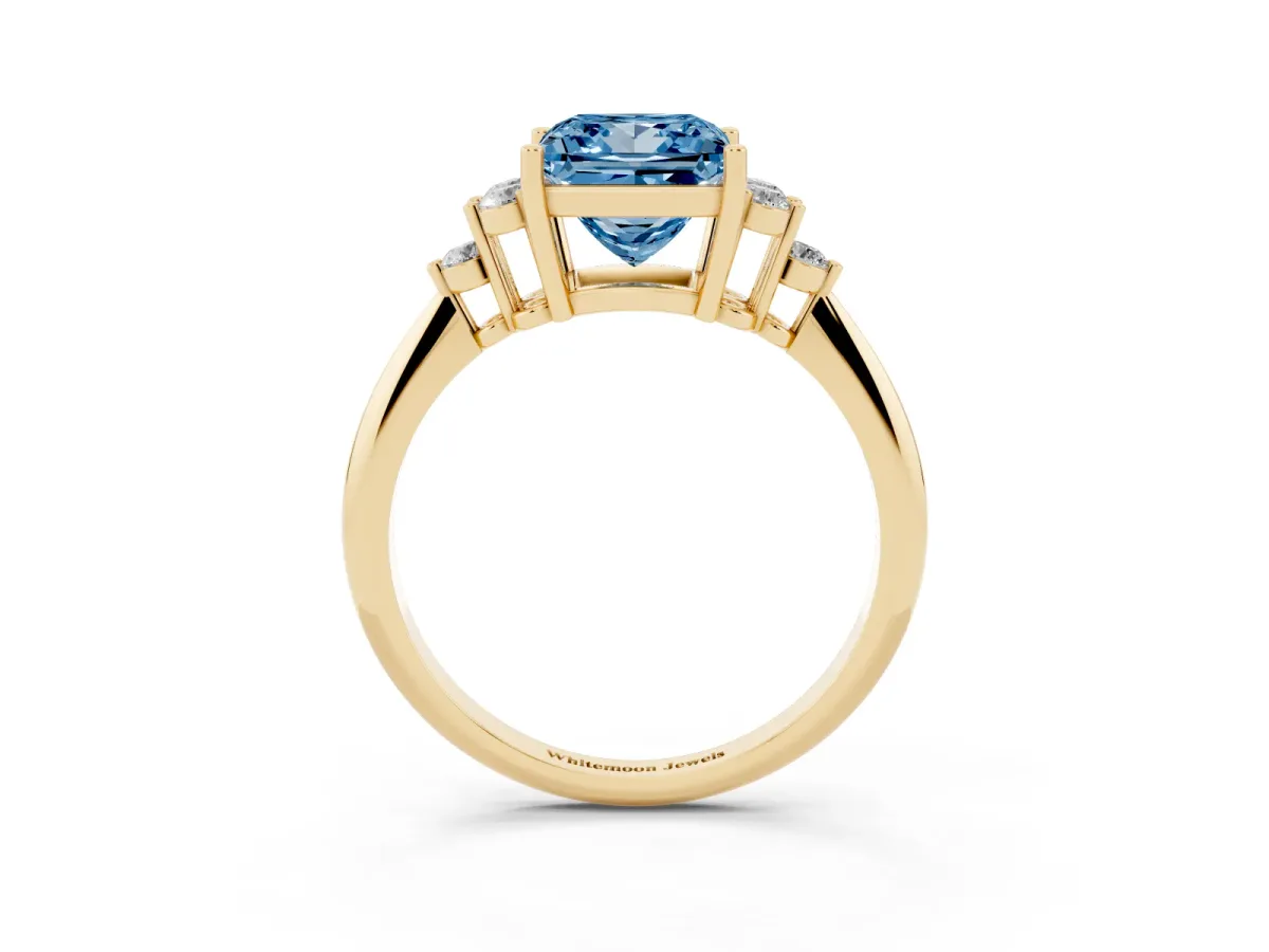 Fancy Blue Princess Cut Cut Diamond Cluster Ring with Solitaire Band and Four-Prong Setting Yellow gold