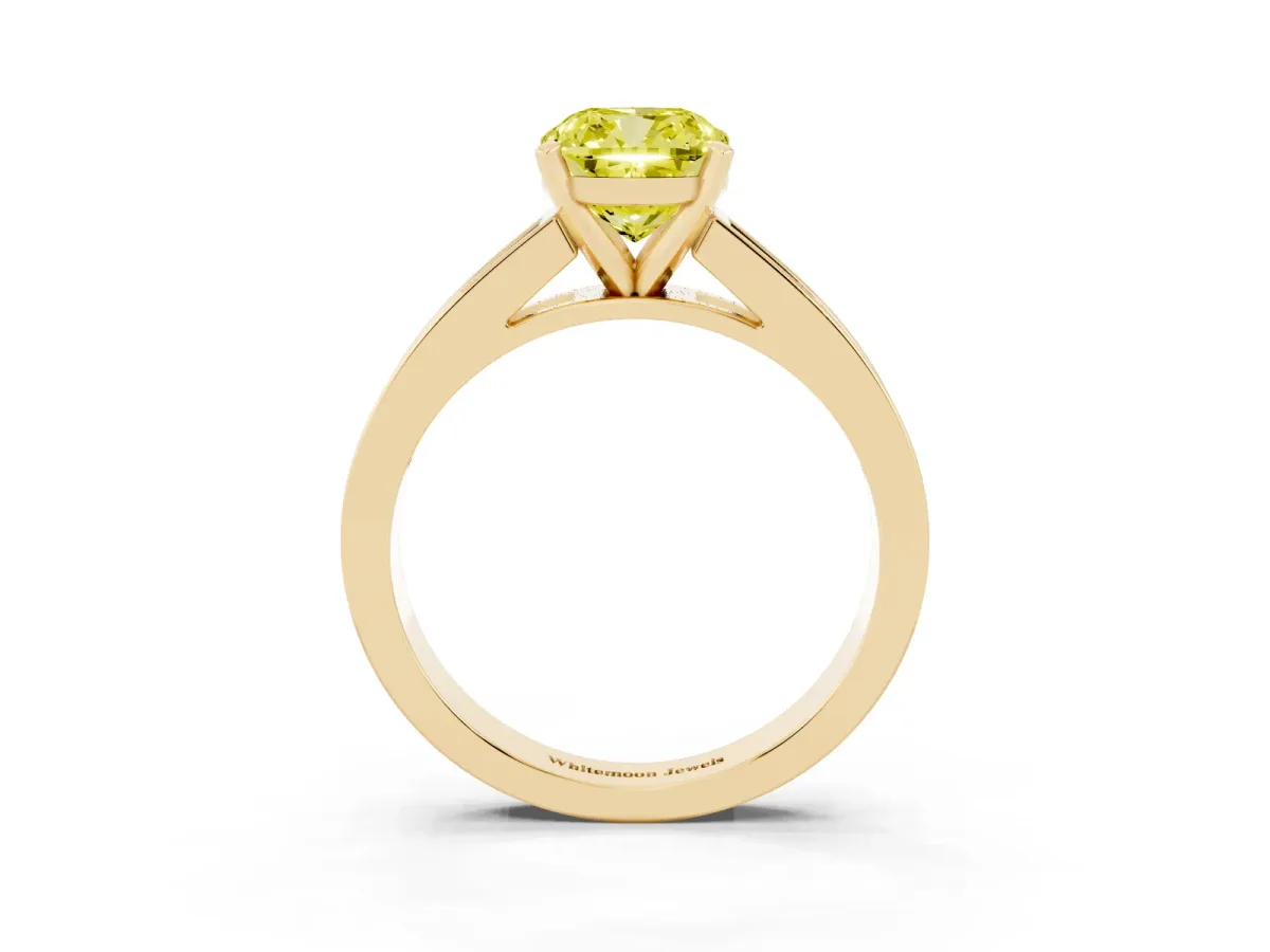 Fancy Yellow Cushion Cut Solitaire Diamond Ring with Channel-Set Band and Four-Prong Setting Yellow gold