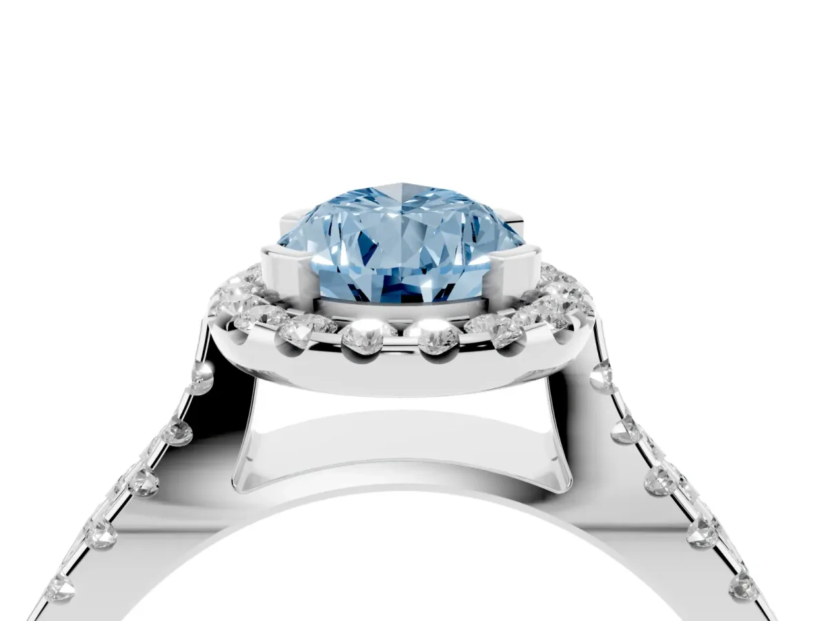 Fancy Blue Pear Cut Diamond Halo Ring with Split Shank Pavé Band and Prong Setting Silver