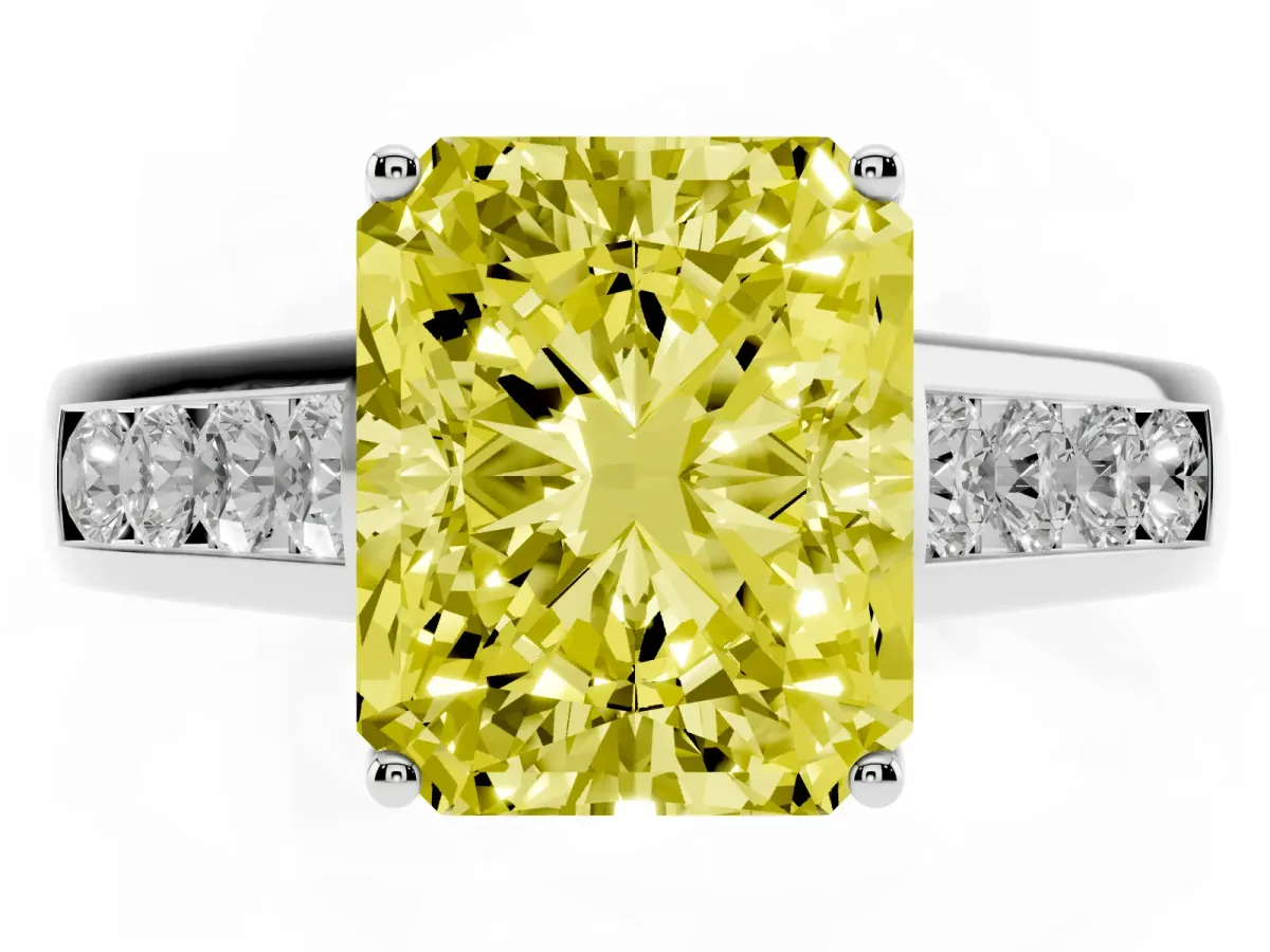 Fancy Yellow Radiant Cut Solitaire Channel-Set Diamond Engagement Ring with Four-Prong Setting Silver