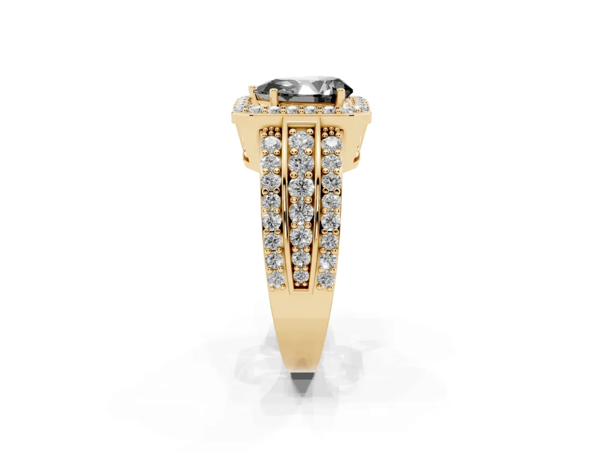 Fancy Black Pear Cut Halo Diamond Ring with Round Split Shank and Prong Setting Yellow gold