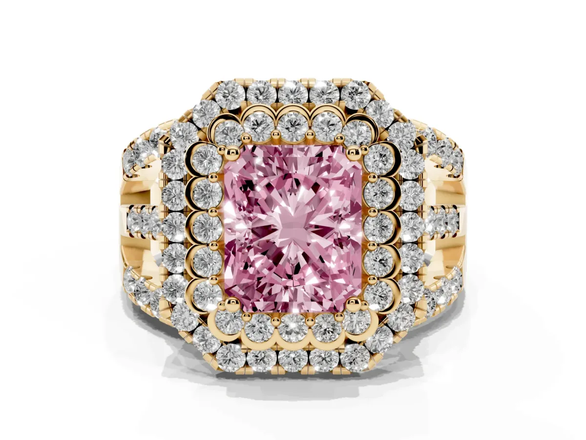 Fancy Pink Radiant Cut Diamond Double Halo Ring with Round Pavé Split Shank and Prong Setting Yellow gold
