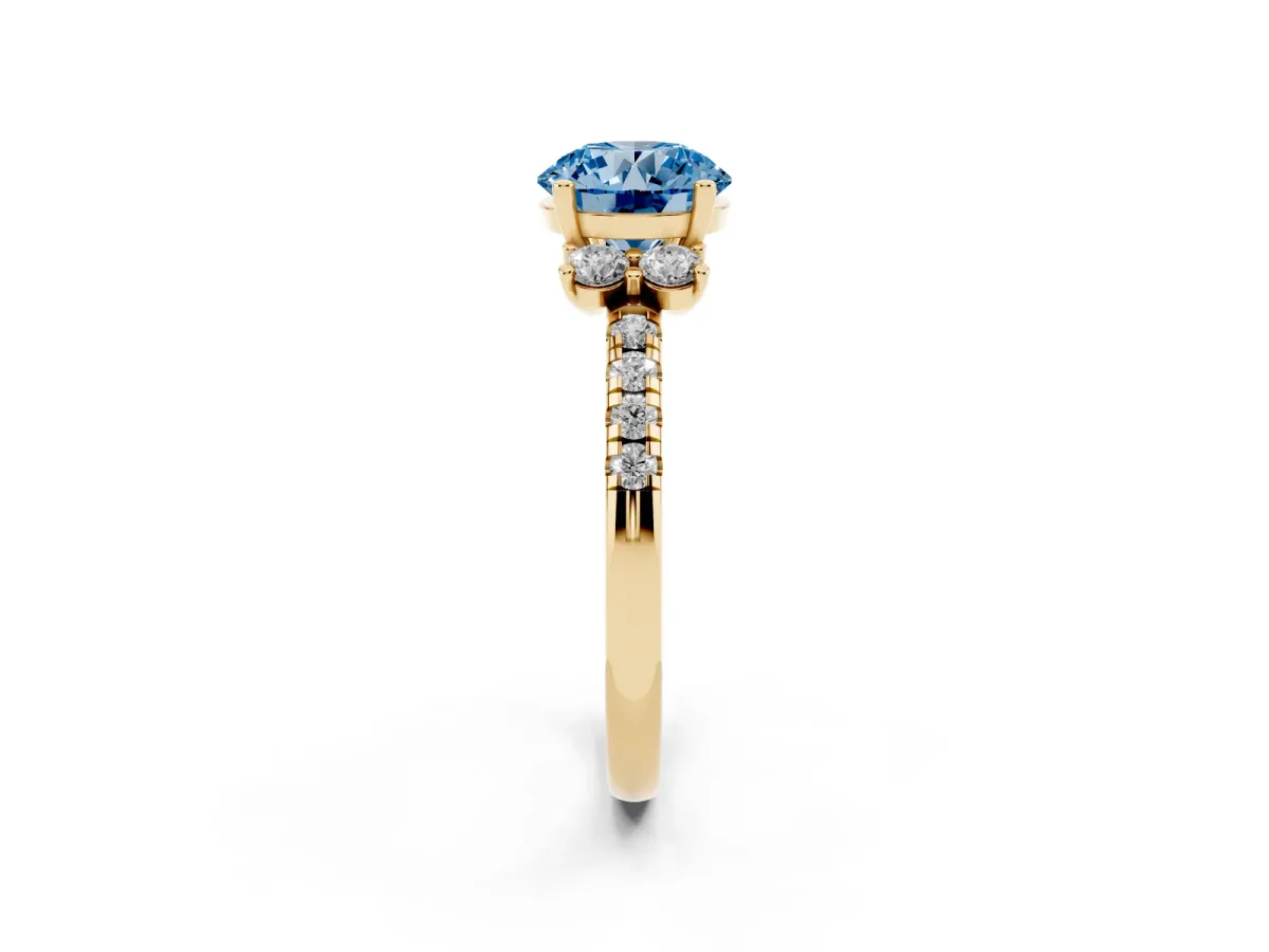 Fancy Blue Round Cut Diamond Three-Stone Pave Band with Four-Prong Setting Yellow gold