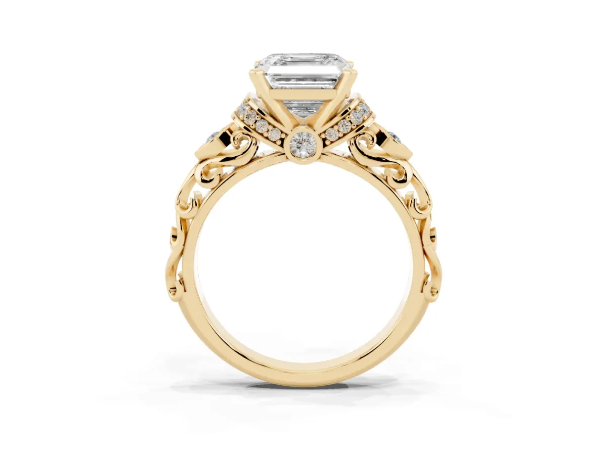 Asscher Cut Diamond Solitaire Ring with Filigree Band and Four-Prong Setting Yellow gold