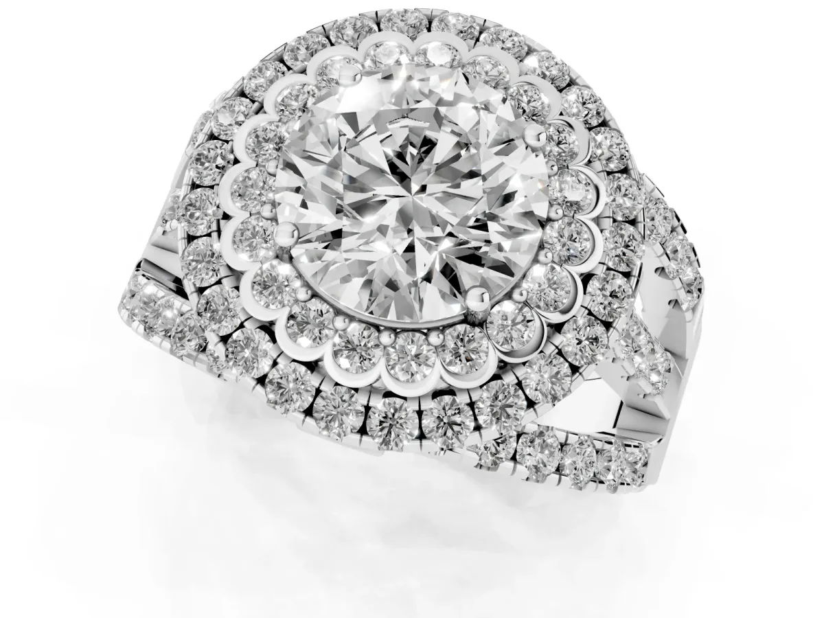 Round Cut Diamond Double Halo Ring with Round Pavé Split Shank and Prong Setting Silver