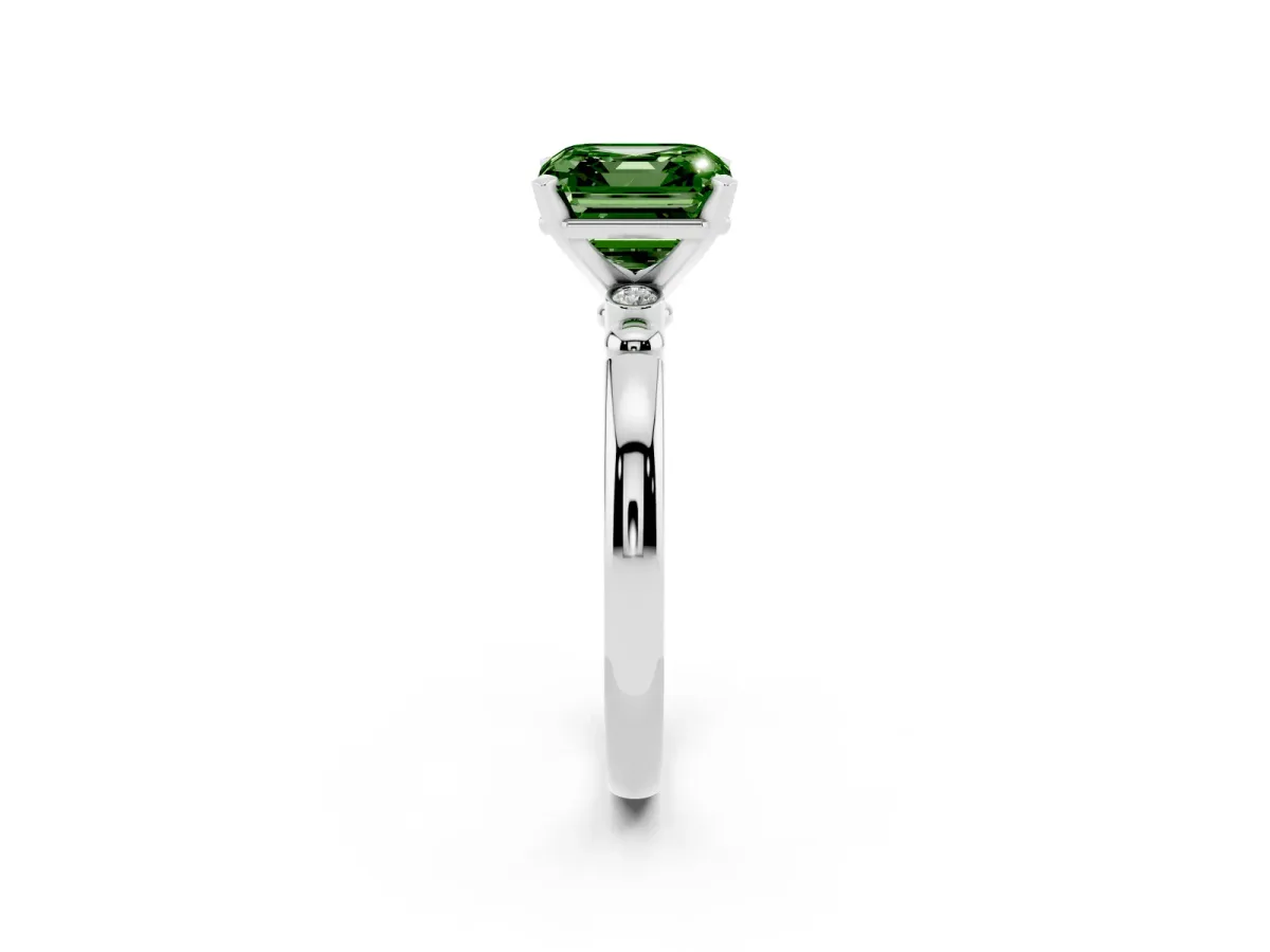 Fancy Green Asscher Cut Solitaire Beaded Band with Four-Prong Setting Silver