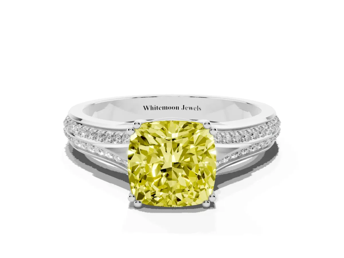 Fancy Yellow Cushion Cut Diamond Split Shank Engagement Ring with Pavé Band Silver