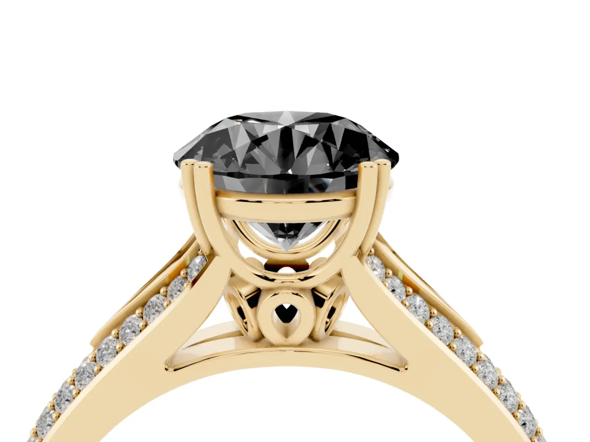 Fancy Black Round Cut Diamond Split Shank Engagement Ring with Pavé Band Yellow gold