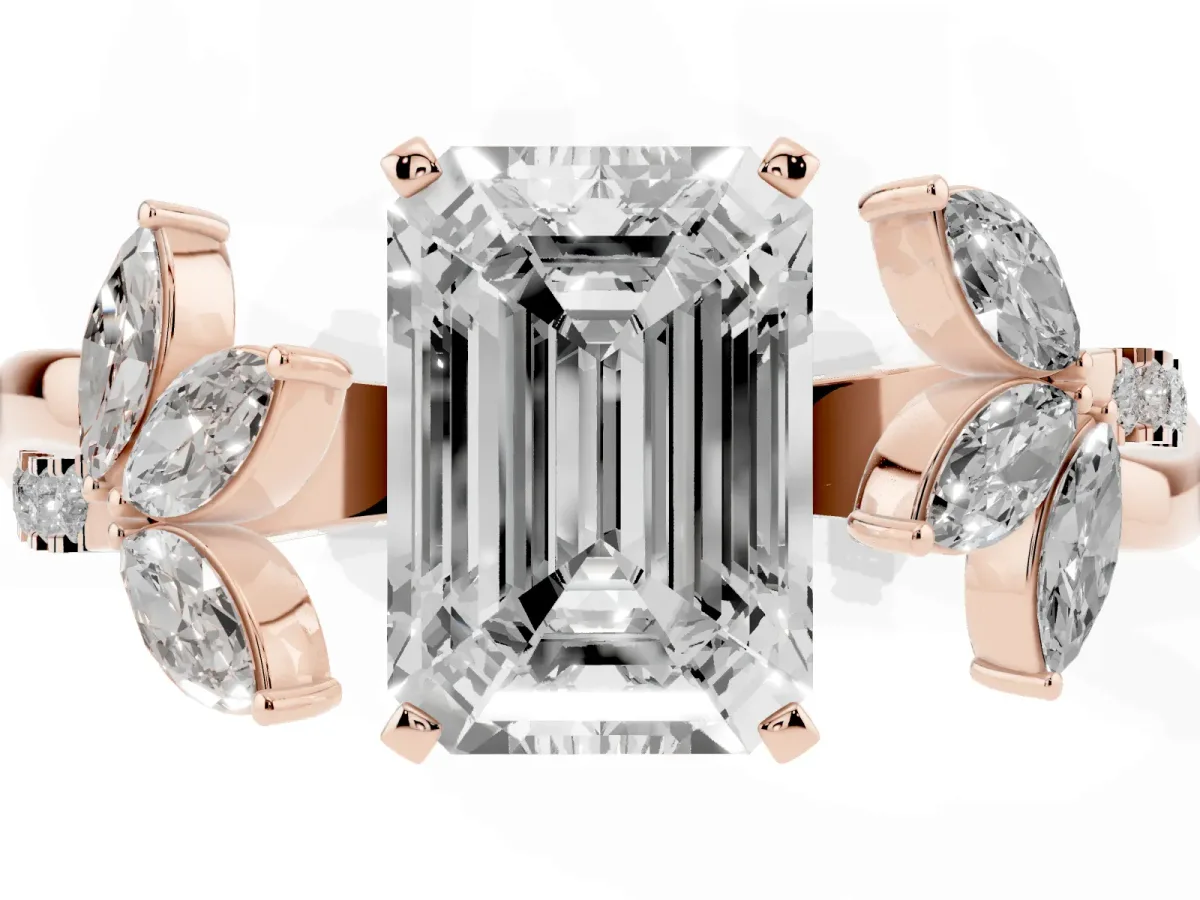 Emerald Cut Diamond Floral Vine Solitaire Engagement Ring Rose gold