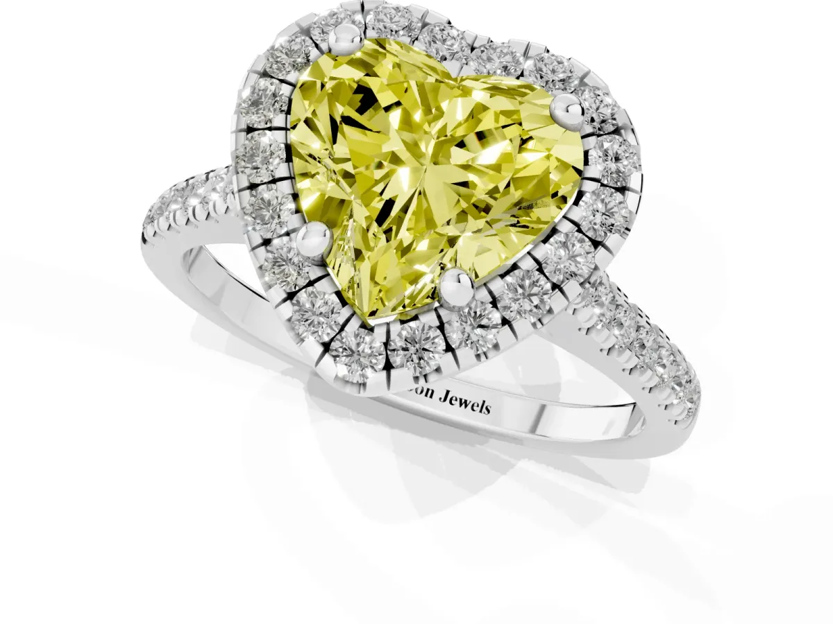 Fancy Yellow Heart Cut Diamond Cushion Halo Ring with Pavé Band Platinum