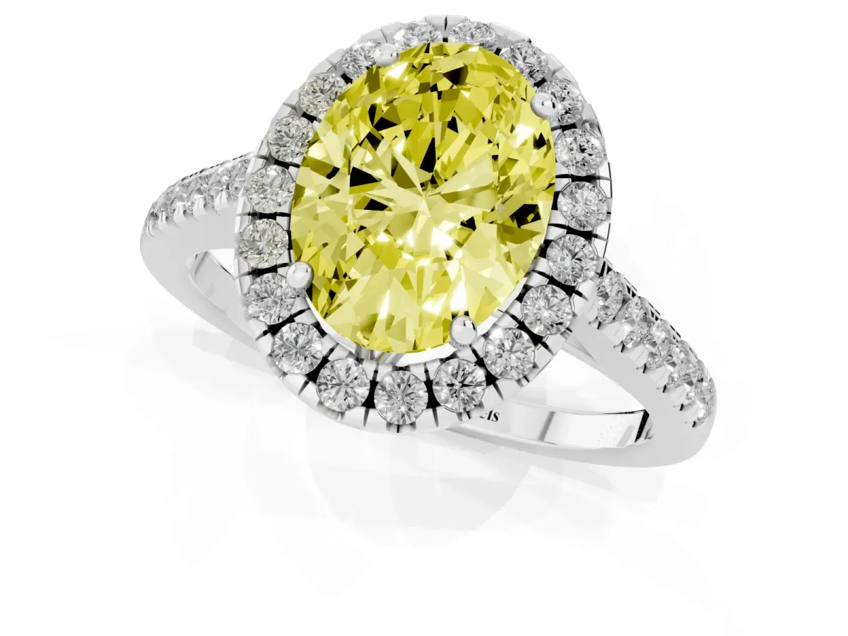 Fancy Yellow Oval Cut Halo Pavé Diamond Engagement Ring with Four-Prong Setting Silver