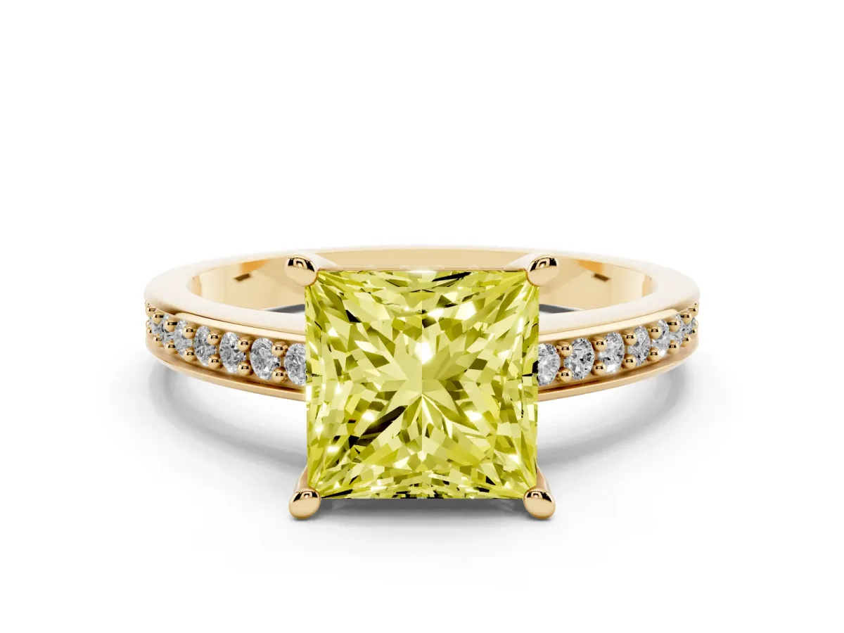 Fancy Yellow Princess Cut Solitaire Pavé Band Prong Setting Ring Yellow gold