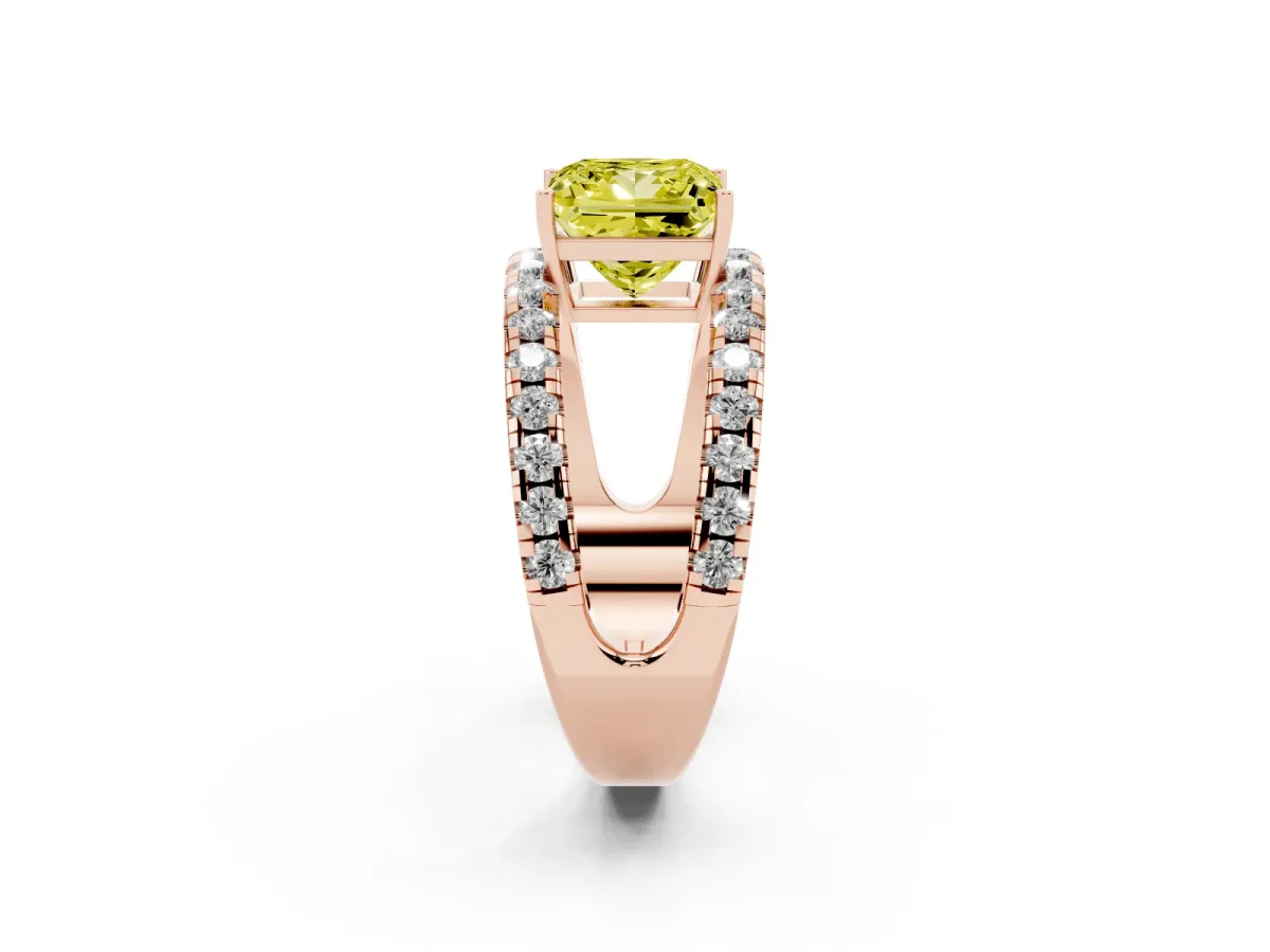 Fancy Yellow Princess Cut Solitaire Split Shank Pave Diamond Ring Rose gold