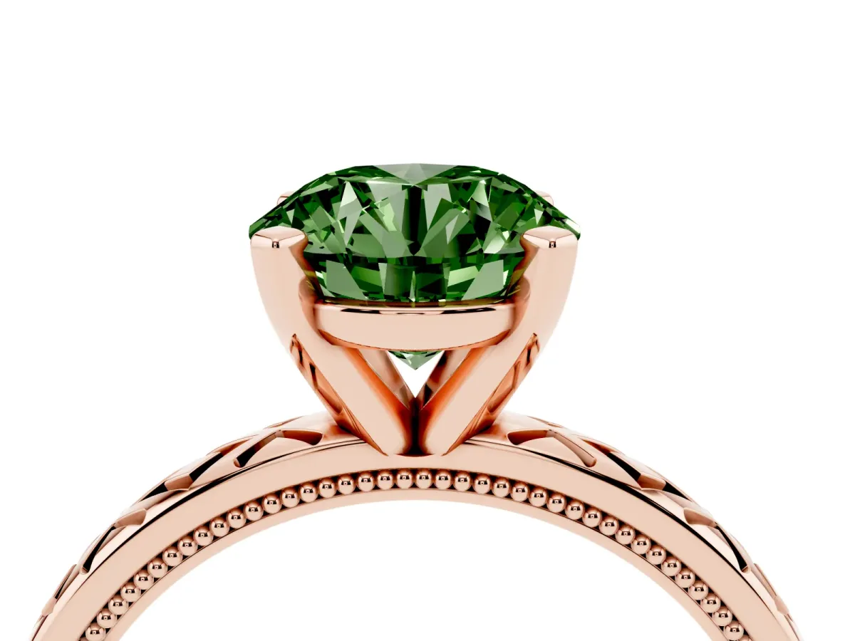 Fancy Green Round Cut Solitaire Diamond Ring with Milgrain and Black Enamel X Pattern Band Rose gold