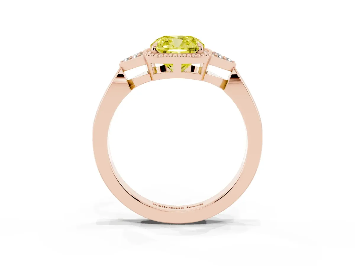 Fancy Yellow Cushion Cut Diamond Halo Ring with Tapered Band and Four-Prong Setting Rose gold