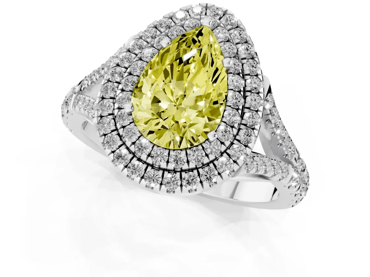 Fancy Yellow Double Halo Pear Cut Diamond Split Shank Engagement Ring with Four-Prong Setting Silver