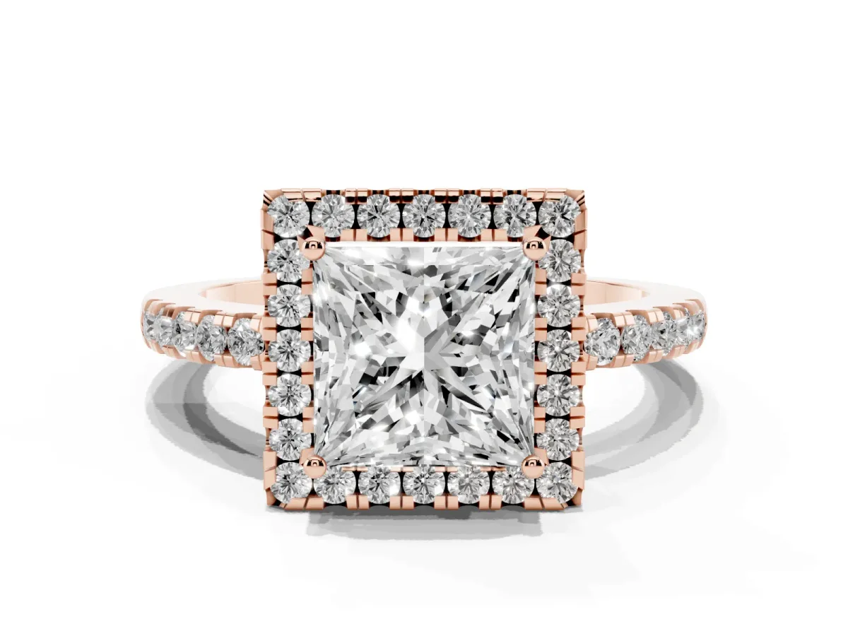 Princess Cut Halo Diamond Engagement Ring with Pavé Band and Four-Prong Setting Rose gold