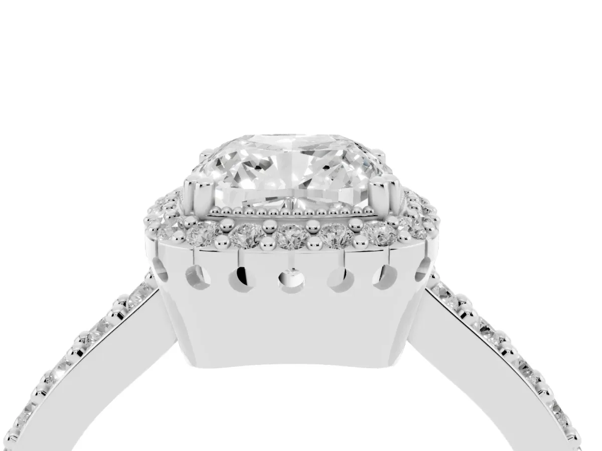 Cushion Cut Cut Diamond Halo Engagement Ring with Milgrain Detail and Pavé Band Silver