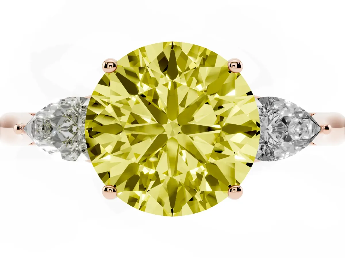 Fancy Yellow Three-Stone Round Cut Diamond Ring with Pear Side Stones in Four-Prong Setting Rose gold