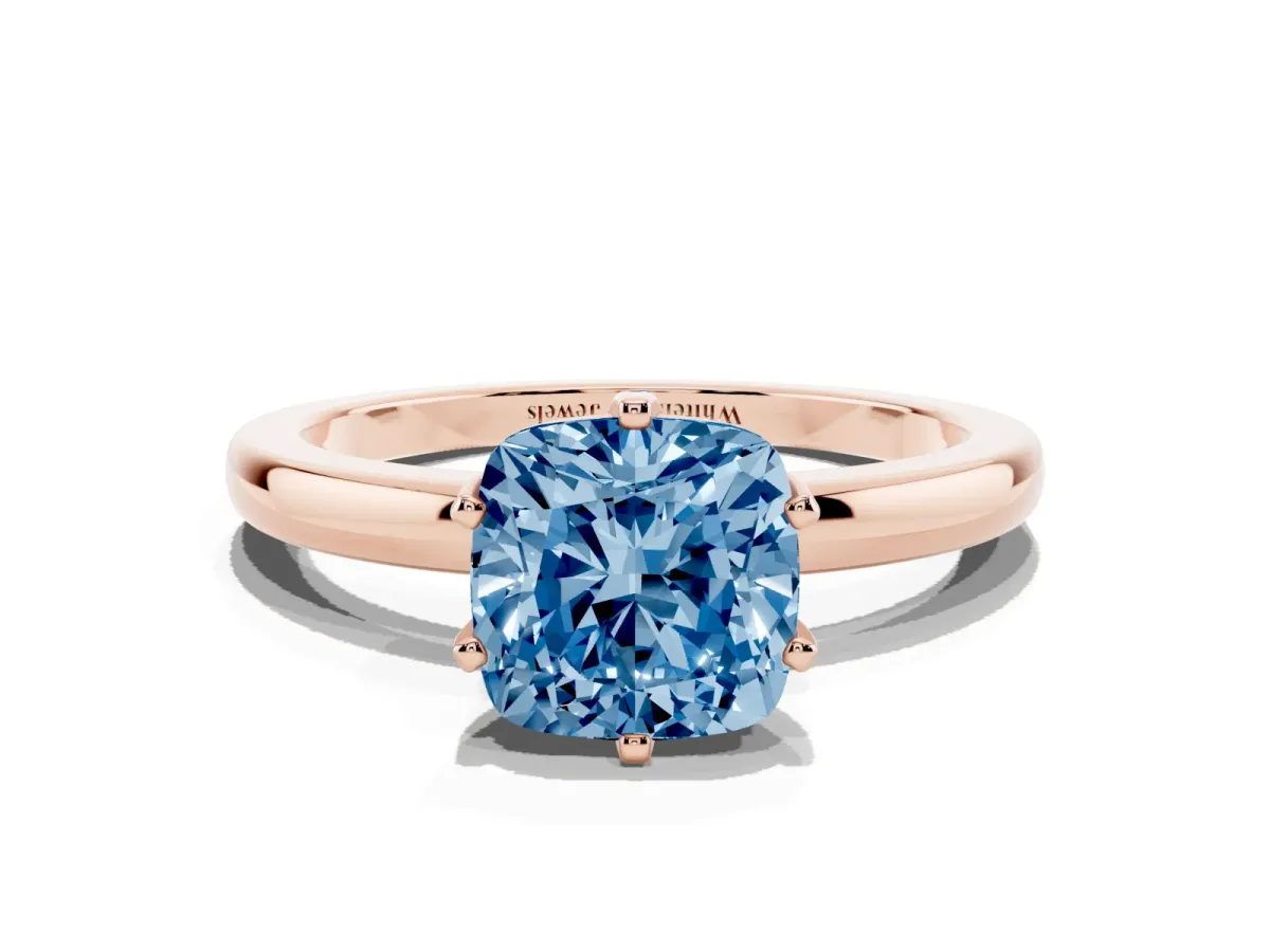 Fancy Blue Cushion Cut Solitaire Diamond Ring with Six-Prong Setting on a Classic Band Rose gold