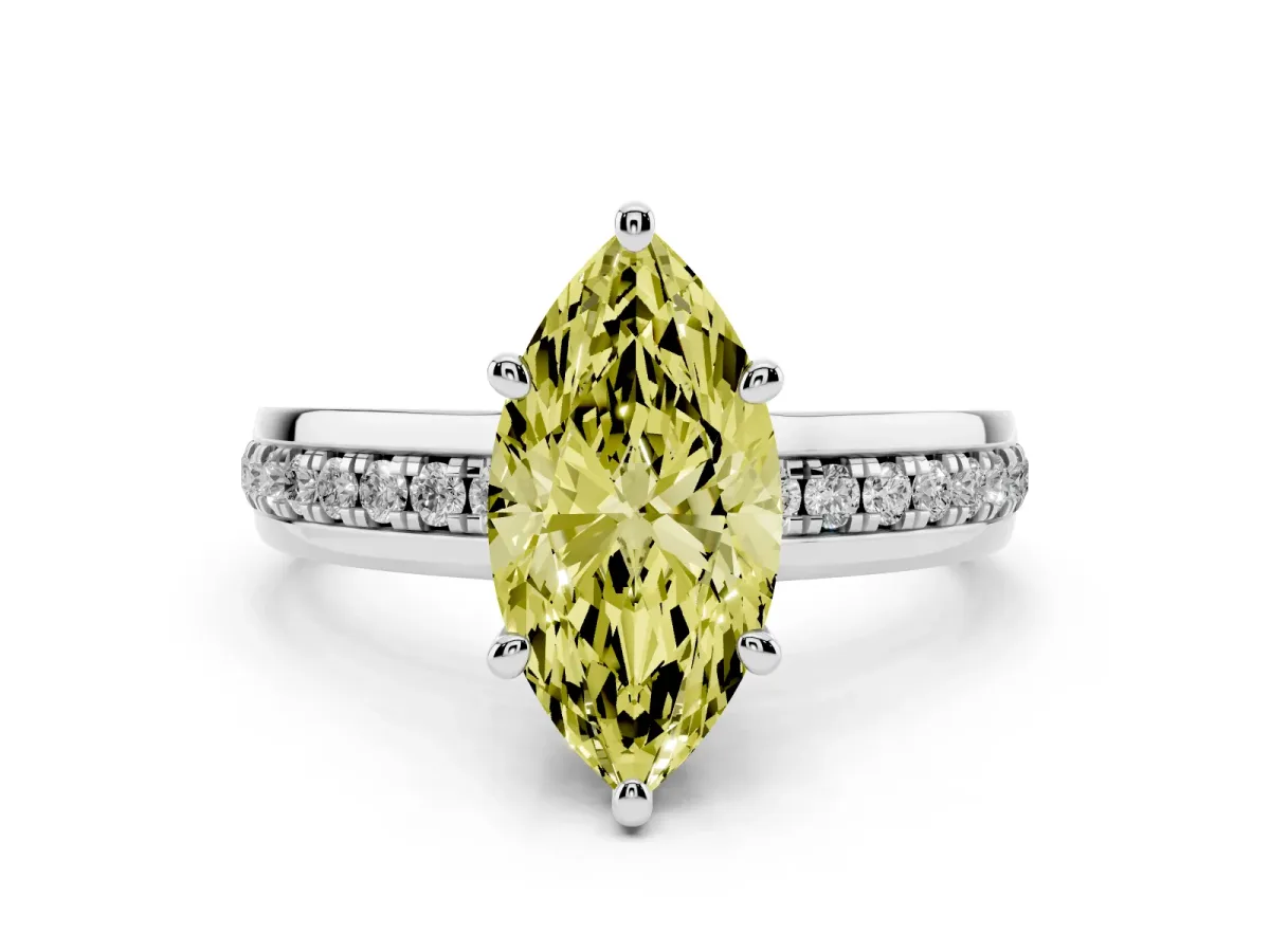 Fancy Yellow Marquise Cut Solitaire Diamond Ring with Channel Set Band and Six-Prong Setting White gold
