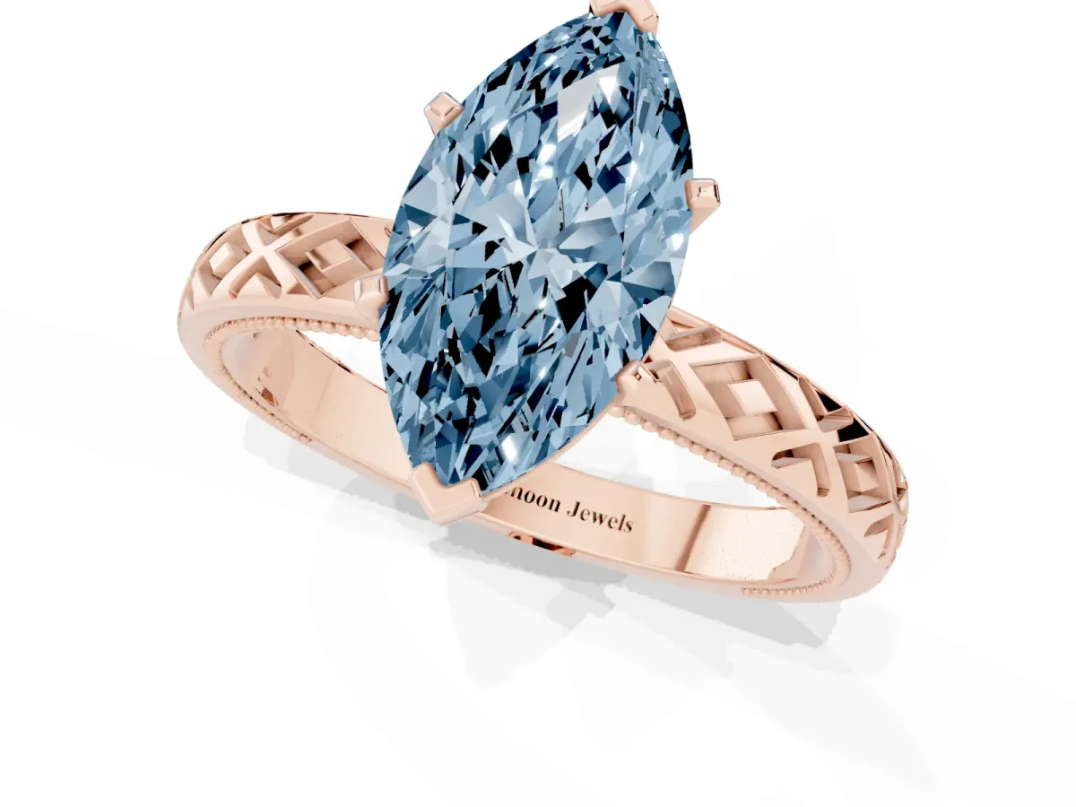 Fancy Blue Marquise Cut Solitaire Diamond Ring with Milgrain and Black Enamel X Pattern Band Rose gold