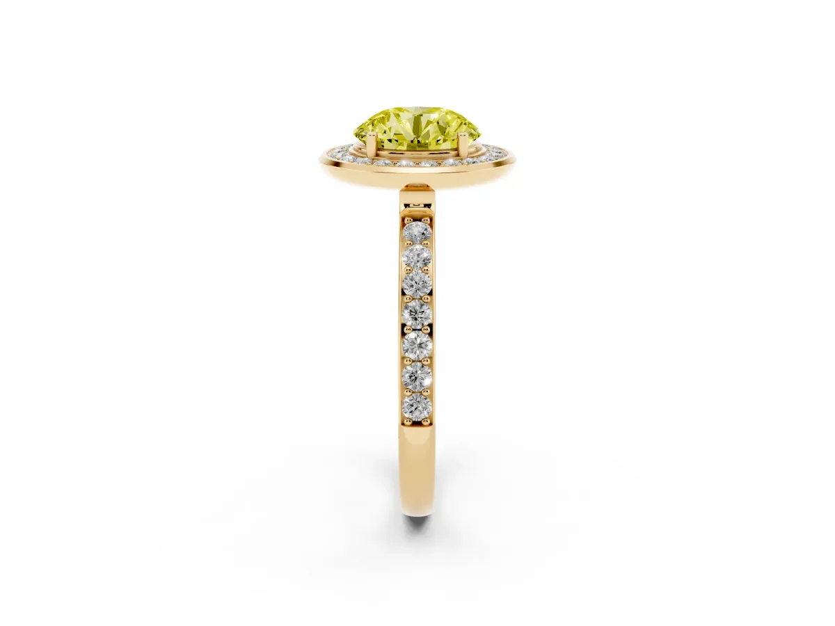 Fancy Yellow Round Cut Diamond Halo Ring with Bezel Frame and Pavé Band Yellow gold