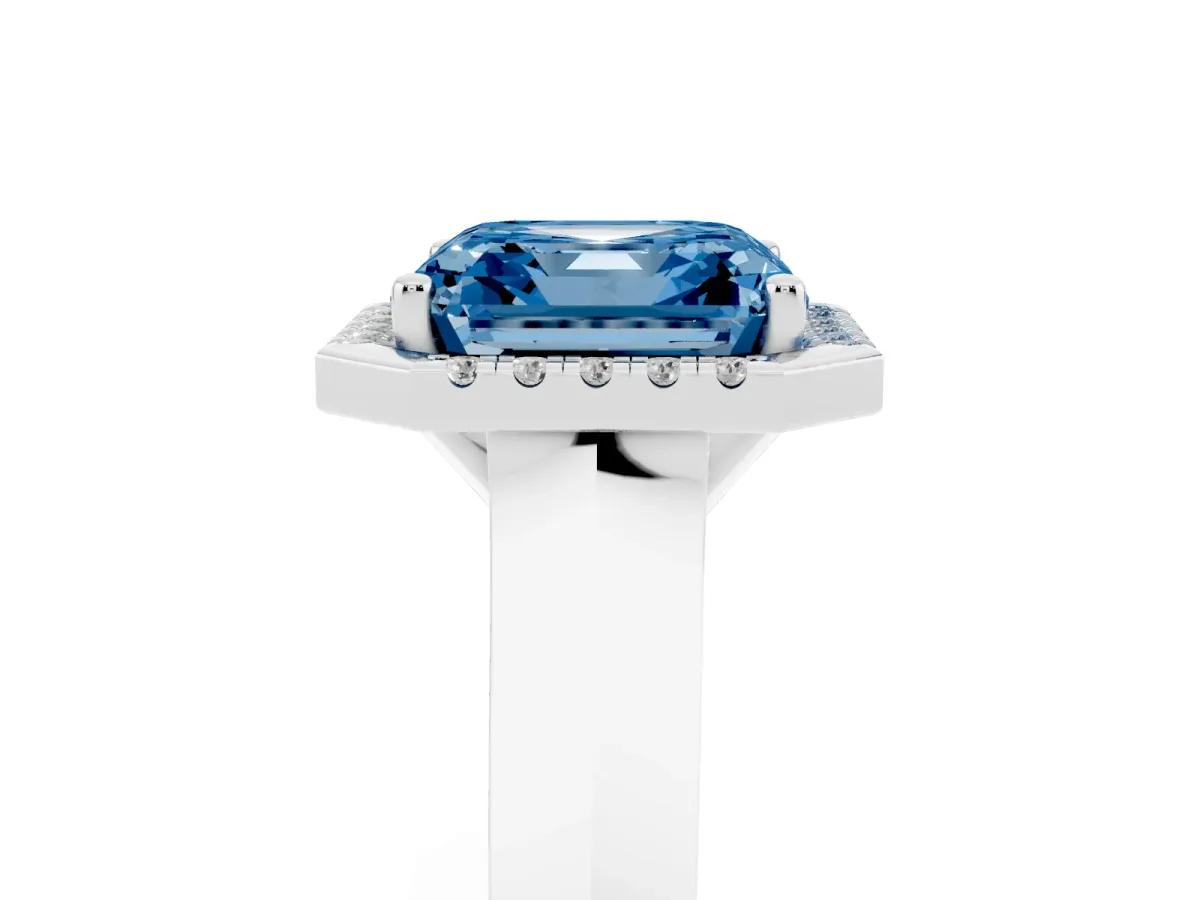 Fancy Blue Asscher Cut Halo Diamond Ring with Cathedral Band and Four-Prong Setting Platinum
