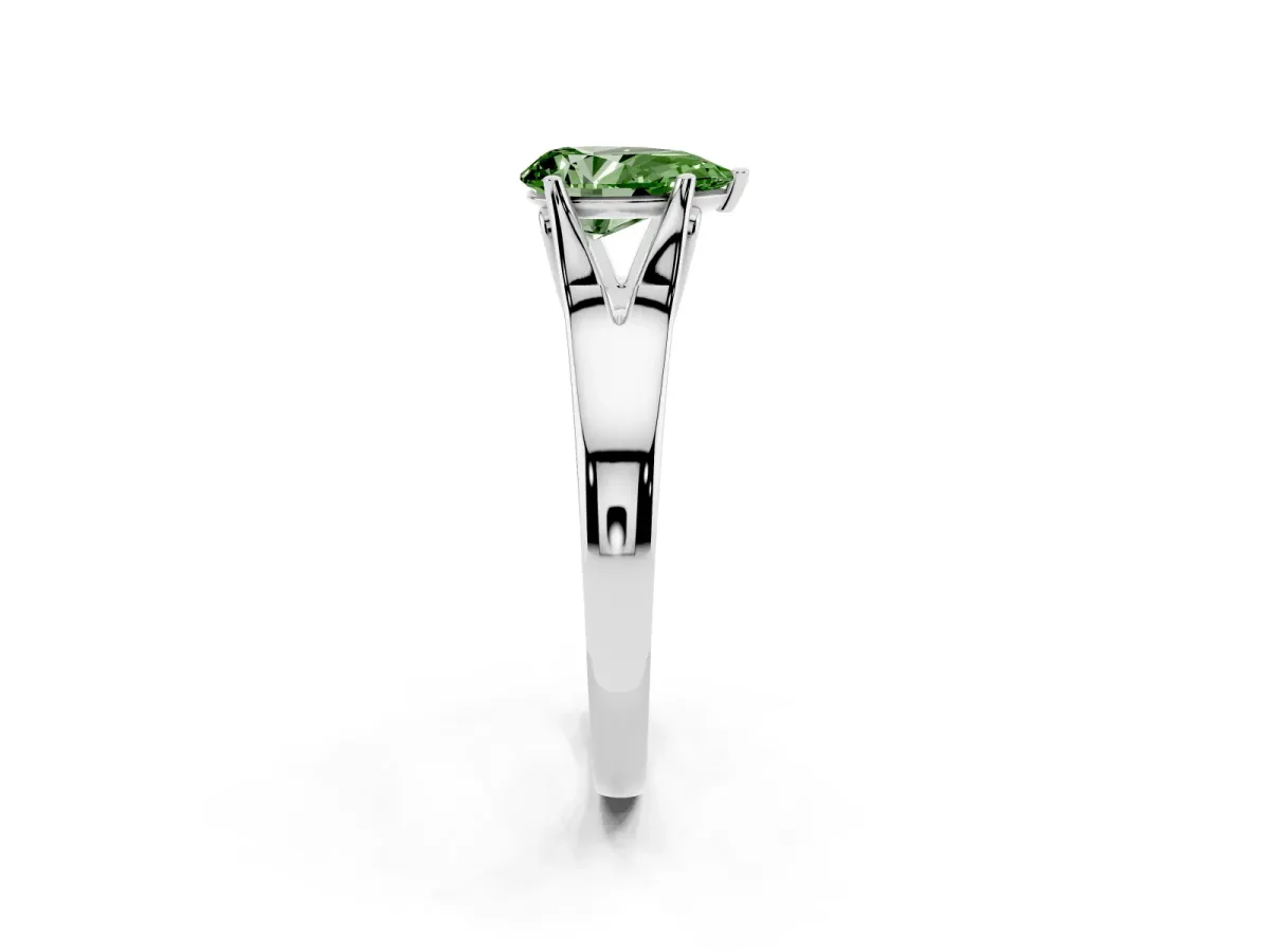 Fancy Green Pear Cut Solitaire Diamond Ring with Cathedral Band and Four-Prong Setting Silver