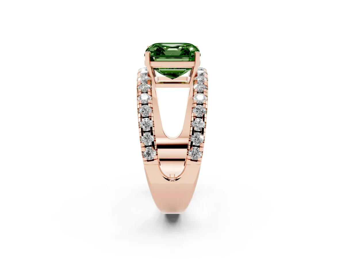Fancy Green Asscher Cut Solitaire Split Shank Pave Diamond Ring Rose gold