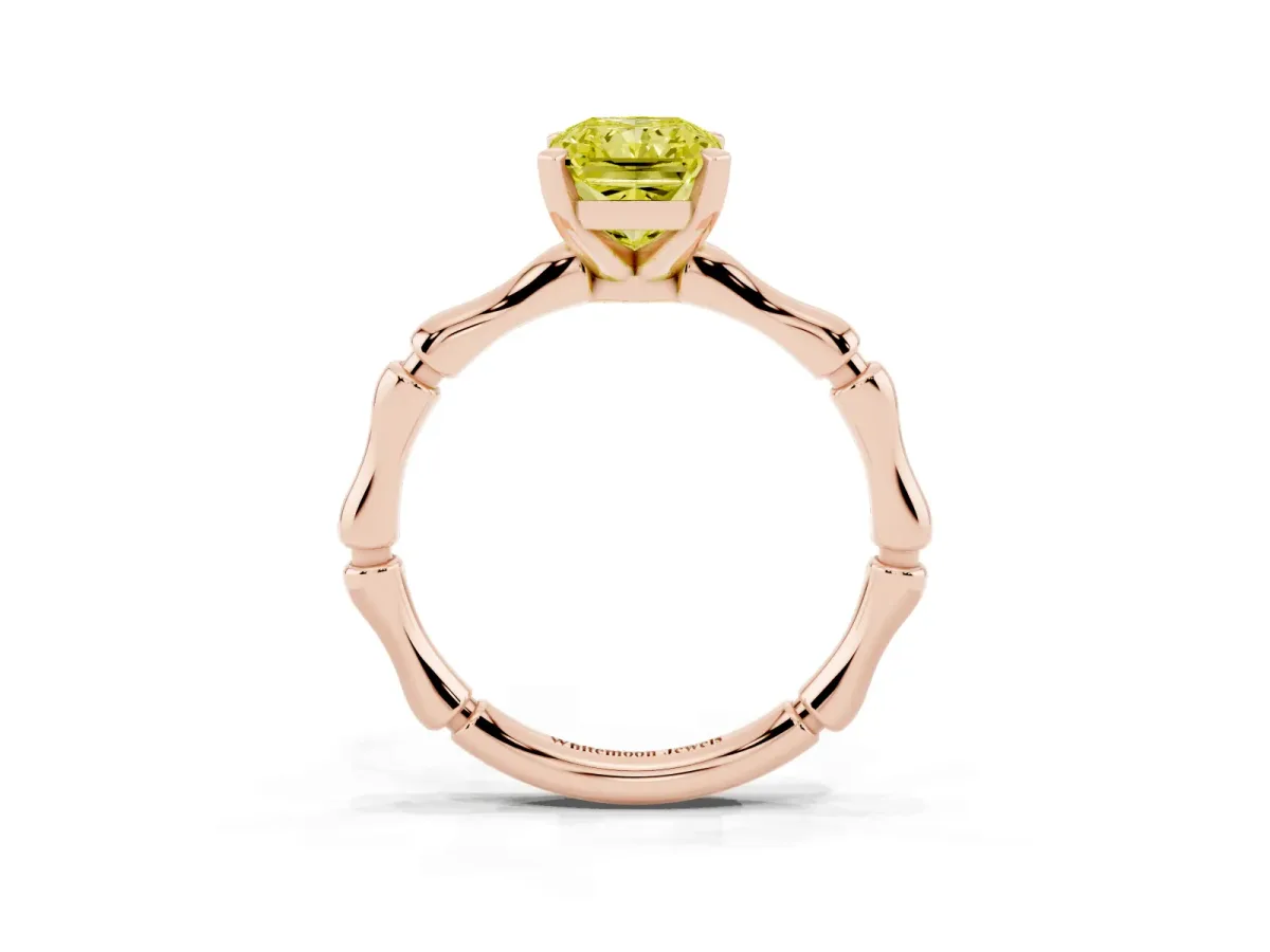 Fancy Yellow Radiant Cut Solitaire Diamond Ring with Bamboo Band and Four-Prong Setting Rose gold