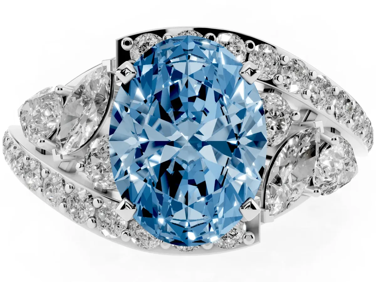 Fancy Blue Oval Cut Diamond Halo Ring with Marquise and Pavé Band in Prong Setting White gold