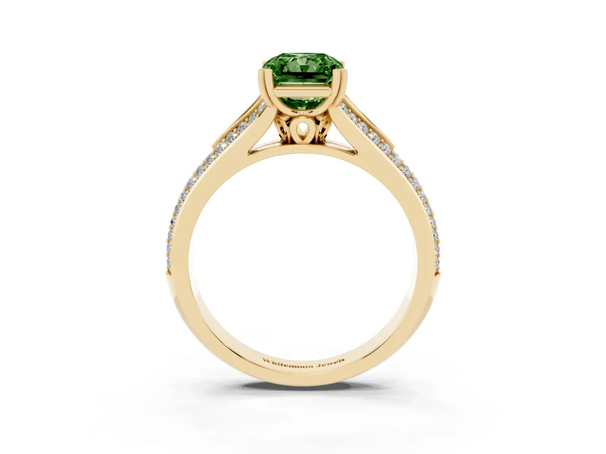 Fancy Green Radiant Cut Diamond Split Shank Engagement Ring with Pavé Band Yellow gold