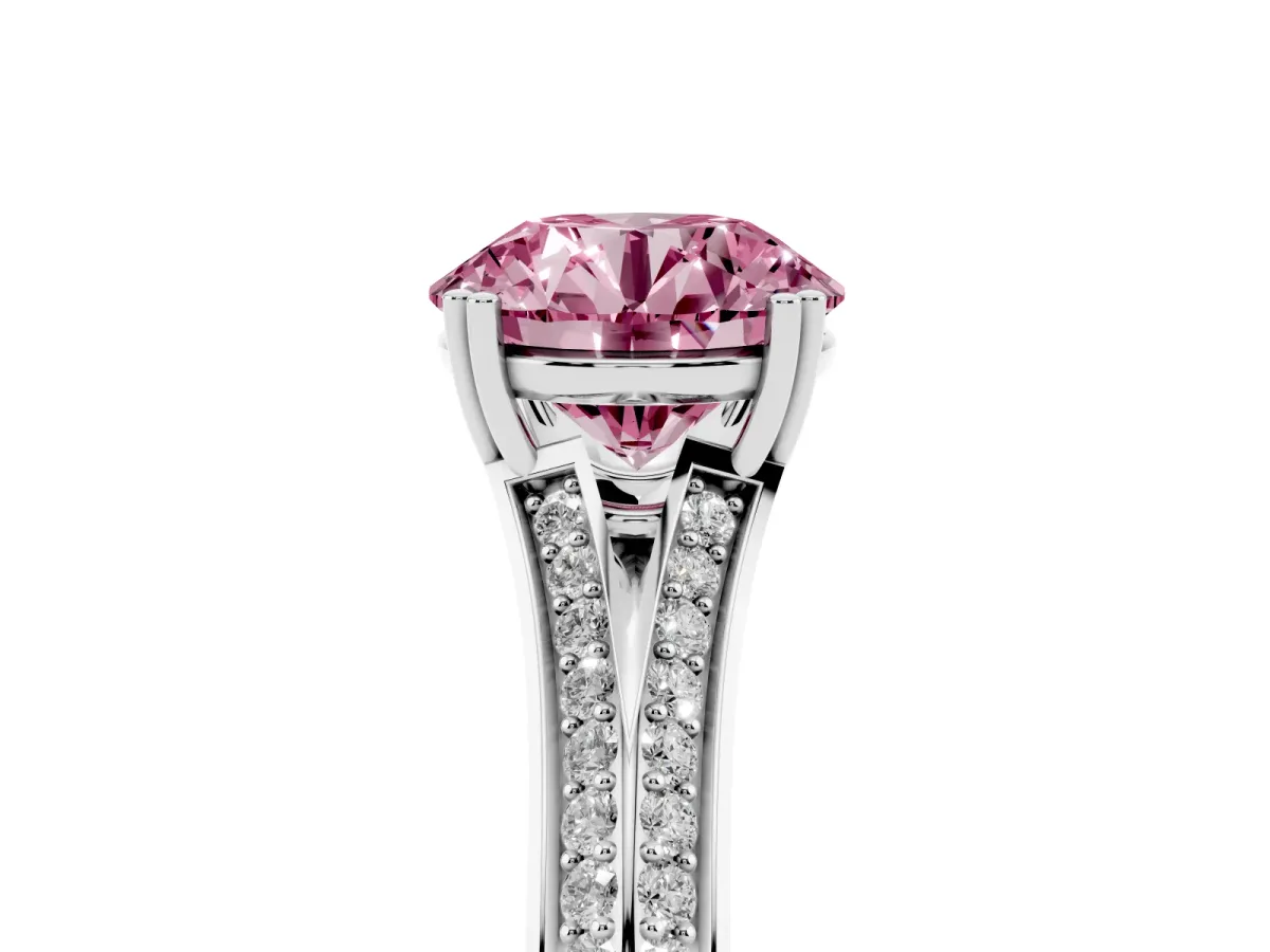 Fancy Pink Round Cut Diamond Split Shank Engagement Ring with Pavé Band Silver