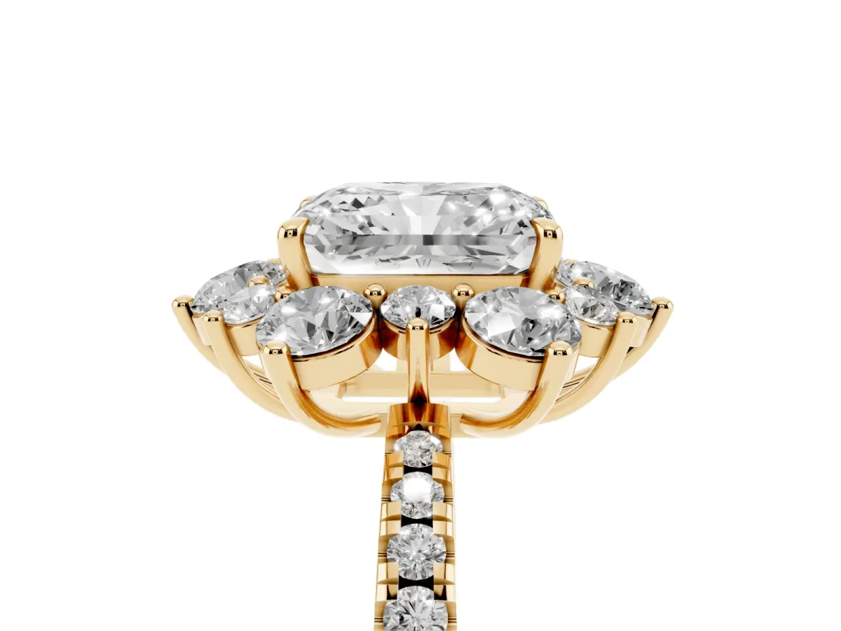 Radiant Cut Diamond Floral Halo Ring with Round Pavé Band and Prong Setting Yellow gold