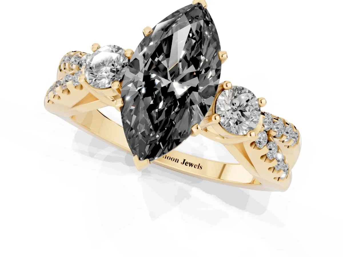 Fancy Black Marquise Cut Diamond Three-Stone Ring with Pavé Split Shank and Four-Prong Setting Yellow gold