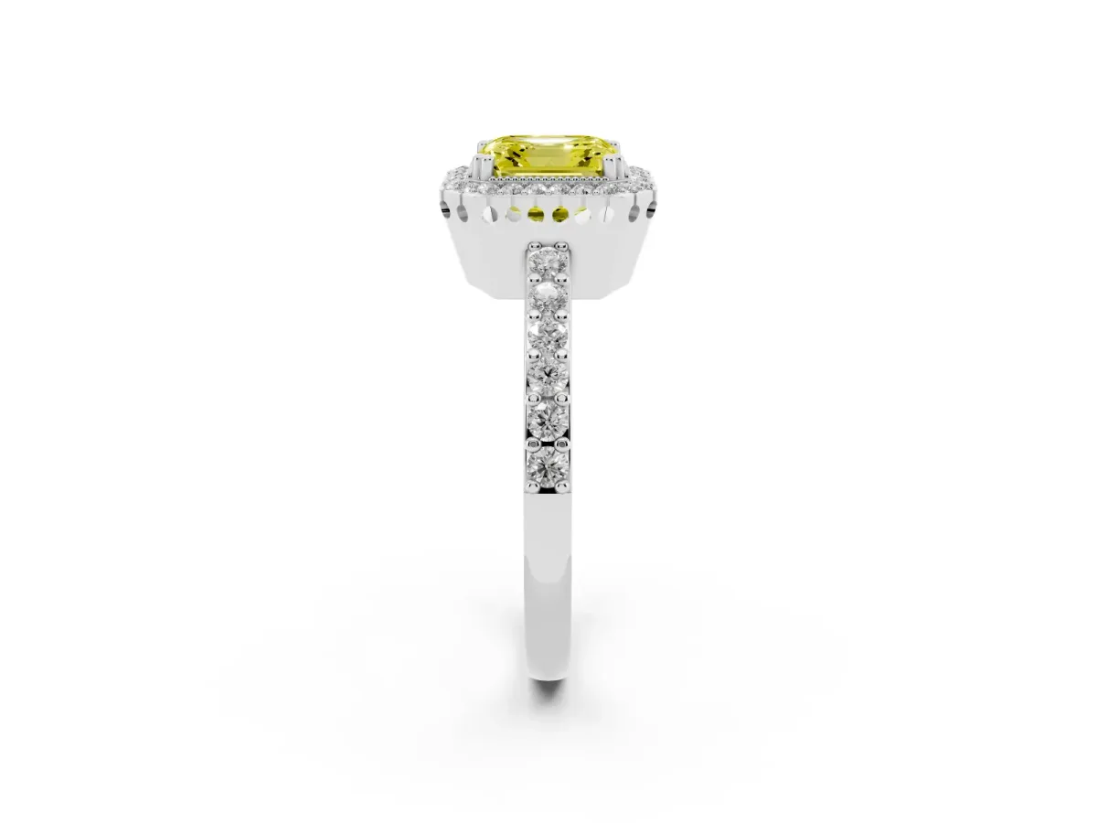 Fancy Yellow Asscher Cut Cut Diamond Halo Engagement Ring with Milgrain Detail and Pavé Band Silver